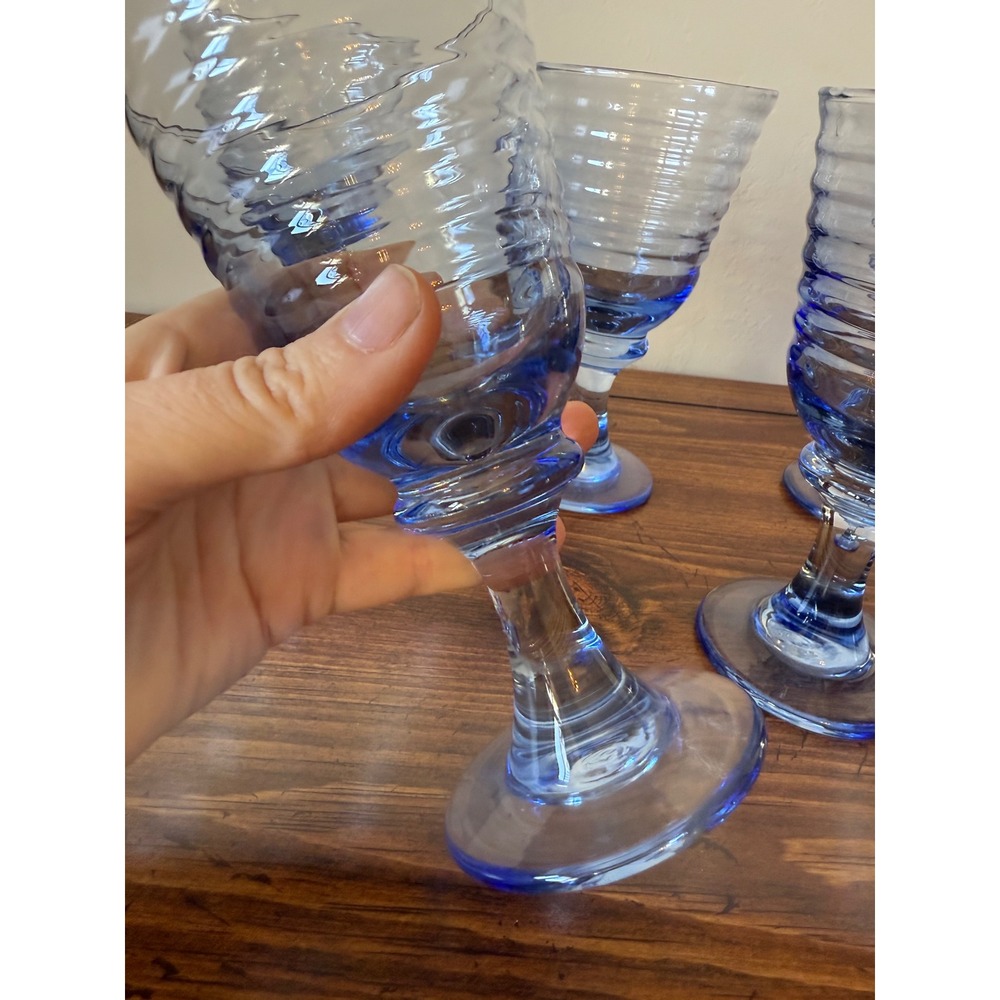 Set of 5 Libby Sirrus Blue Ribbed Glass Goblets Footed Water Wine Glasses 7in - Picture 2 of 5